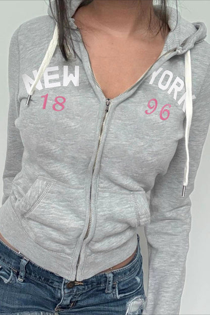 Letter Print Zip-Up Cropped Hoodie