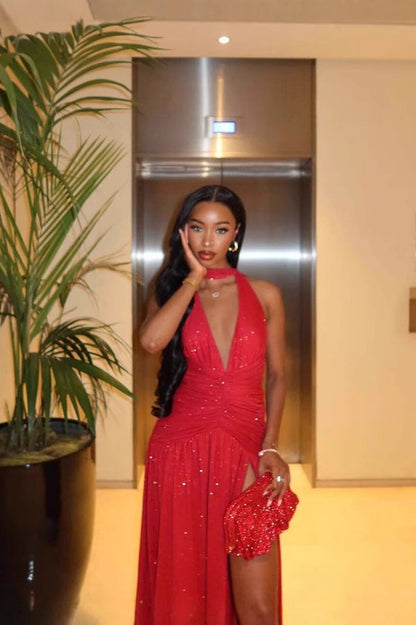 Sleeveless Backless Deep V Sequin Slit Sexy Formal Dress