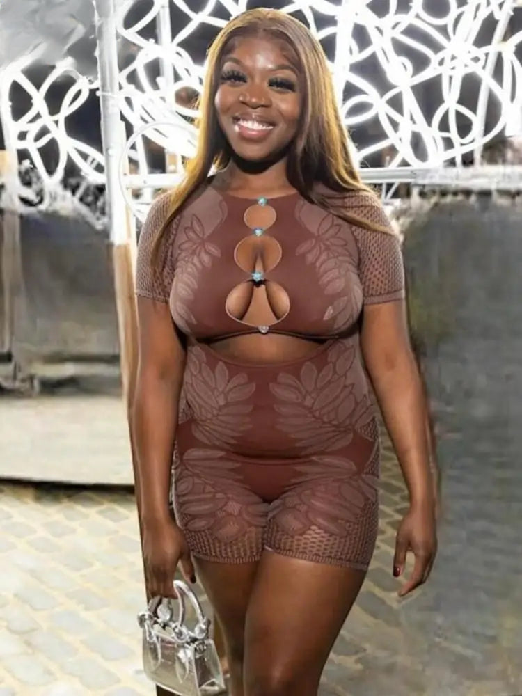 Print Hollow O-neck Short Sleeve Romper