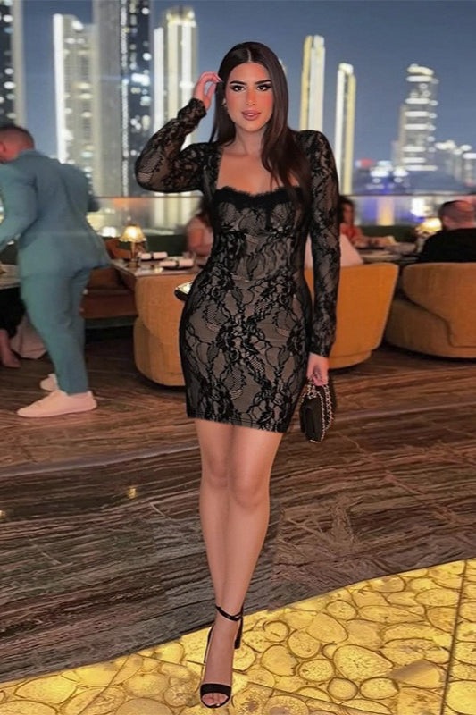Square Neck Long Sleeve Bodycon Lace Dress