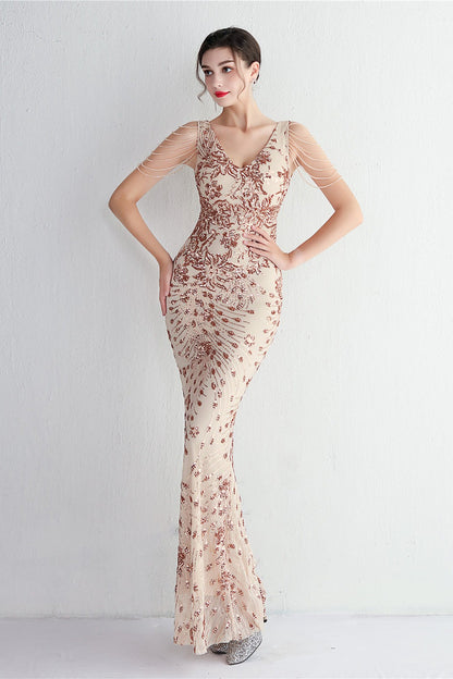 Elegant Long Slim Sequin Formal Event Sequin Dress