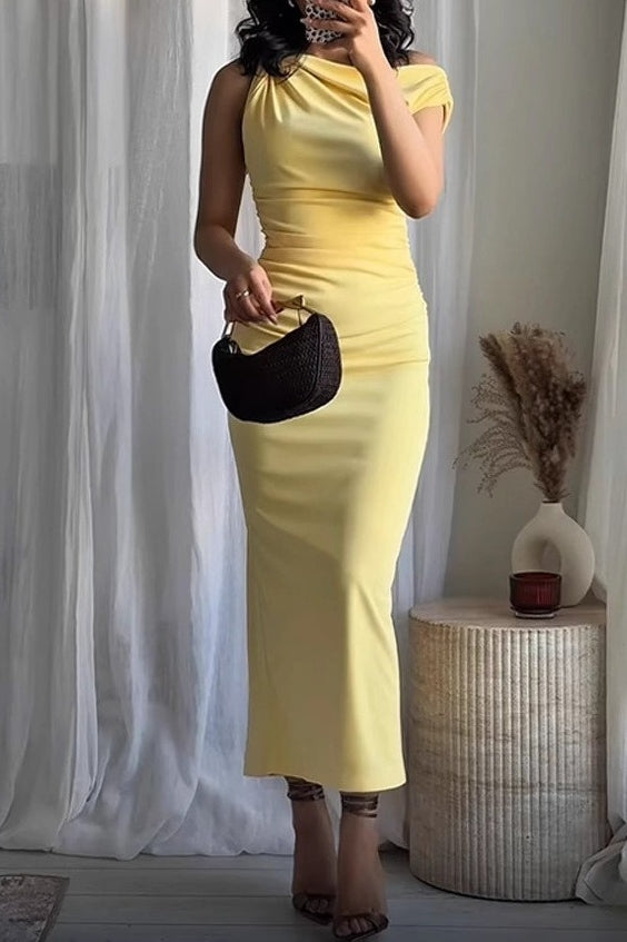Sexy Asymmetrical Shoulder Ruched Sleeveless Bodycon Formal Dress