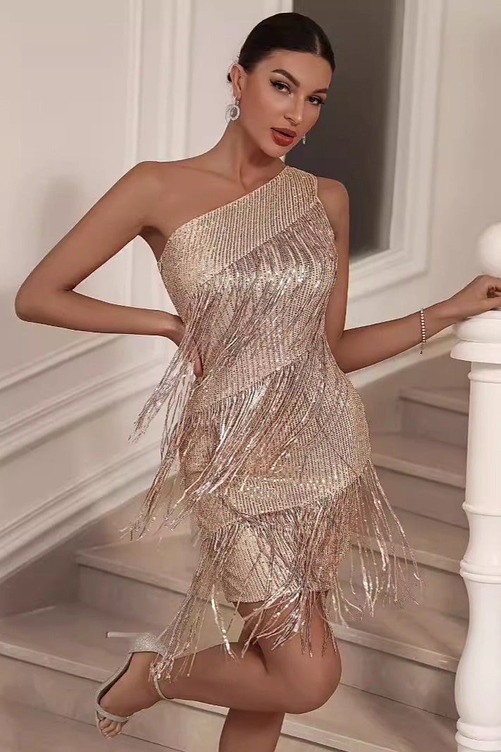 Sexy Asymmetric Shoulder Sequin Tassel Bodycon Cocktail Dress