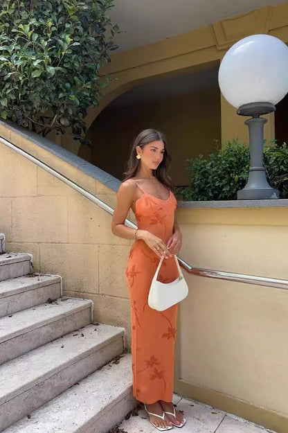 Sexy Printed Knit Slim Low-Cut Cami Maxi Sweater Dress