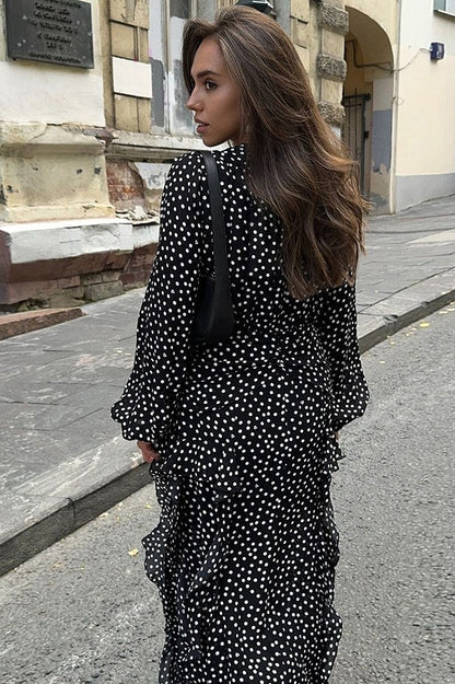 Vintage V-Neck Polka Dot Puff Sleeve A-Line Maxi Dress