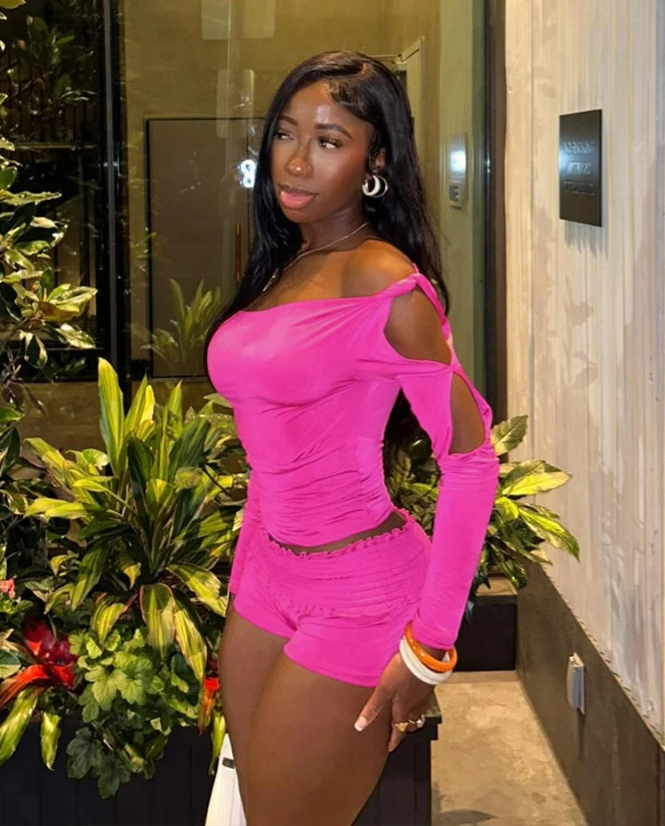 Slash Neck Hollow Long Sleeve Crop Top Two Piece Shorts Set