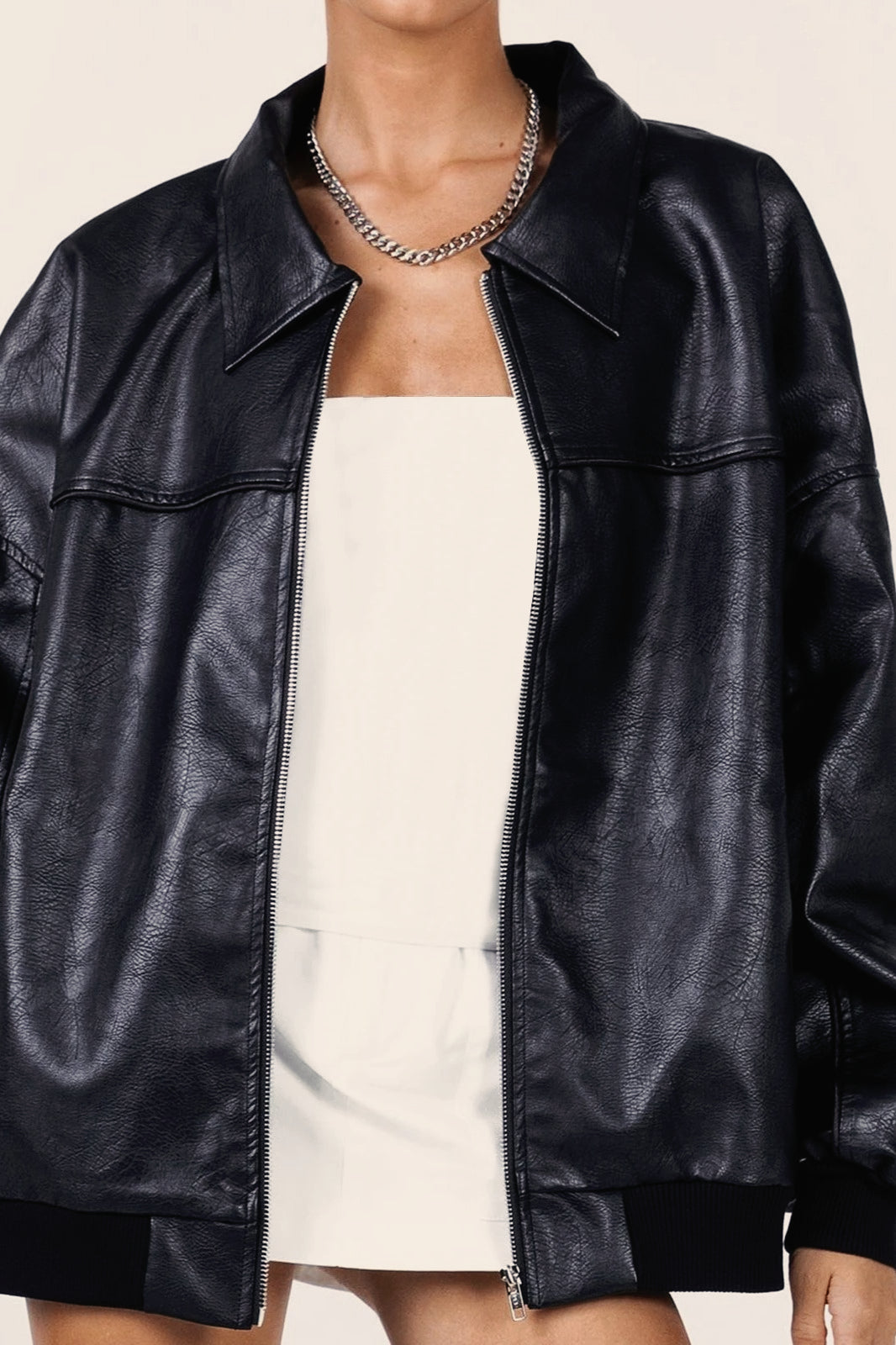 Lapel Collar Faux Leather Motorcycle Jacket