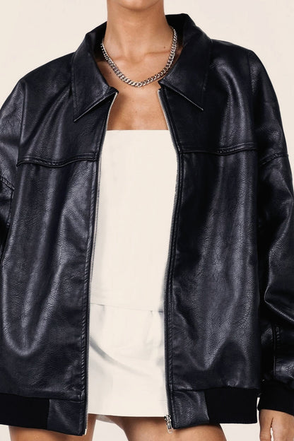 Lapel Collar Faux Leather Motorcycle Jacket