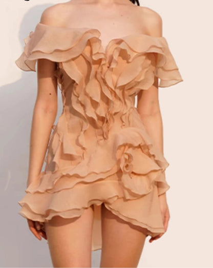 Ruffle Backless Mesh Prom Mini Dress