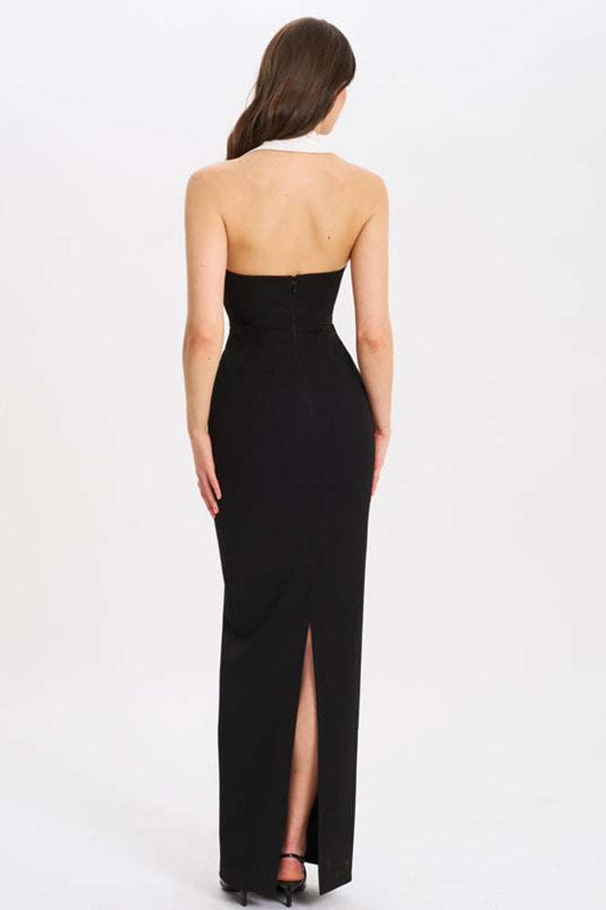 Collared Backless Slit Maxi Dress