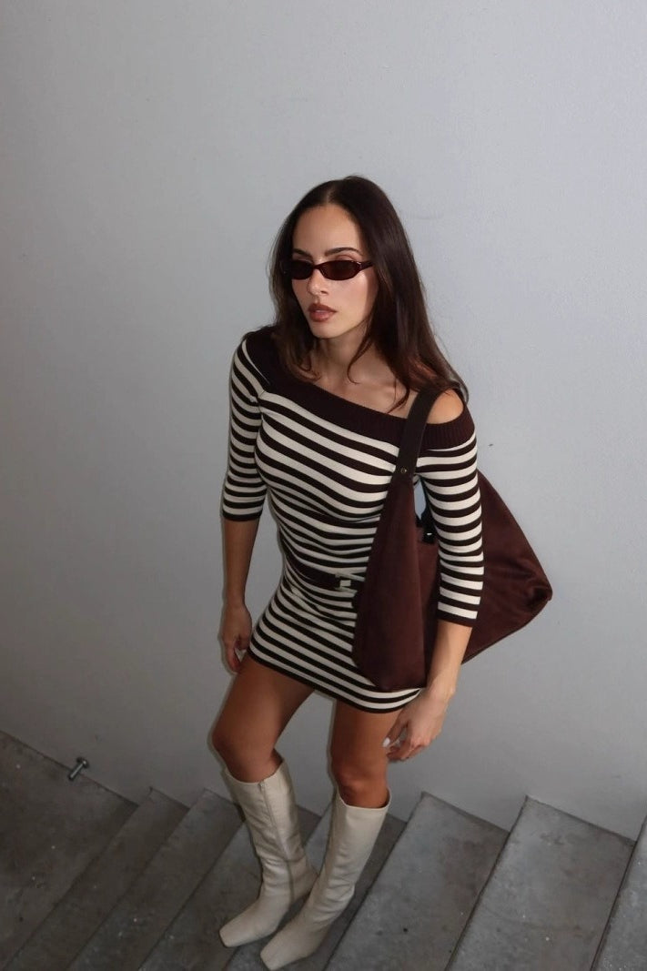 Striped Off-Shoulder Knit Bodycon Mini Sweater Dress