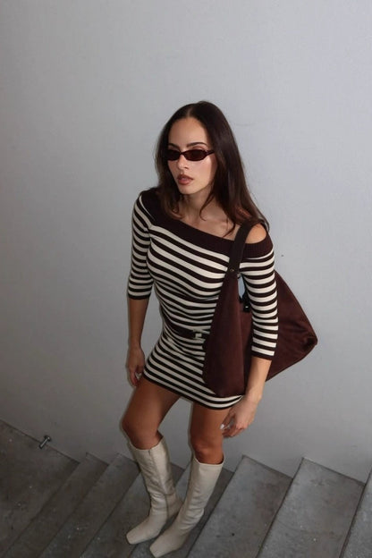 Striped Off-Shoulder Knit Bodycon Mini Sweater Dress