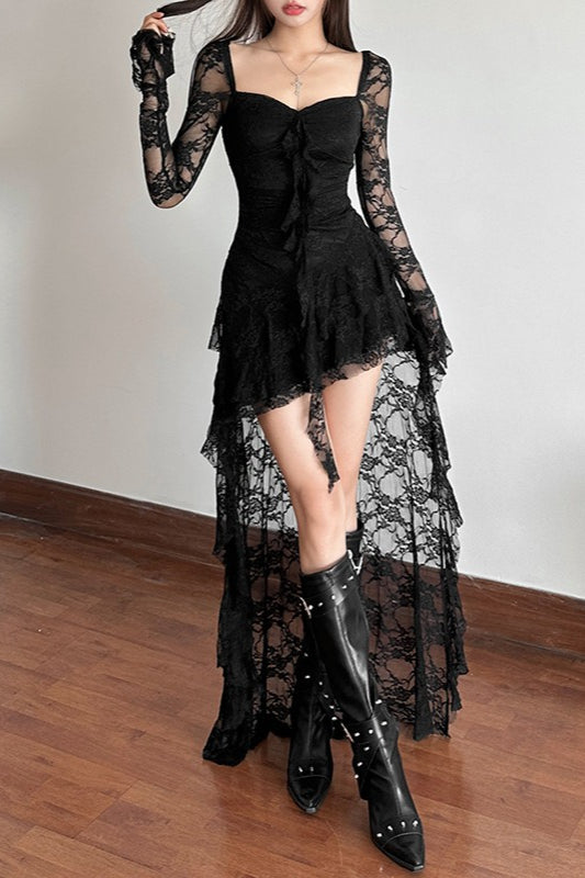 Long Sleeve Irregular Hem Lace Dress