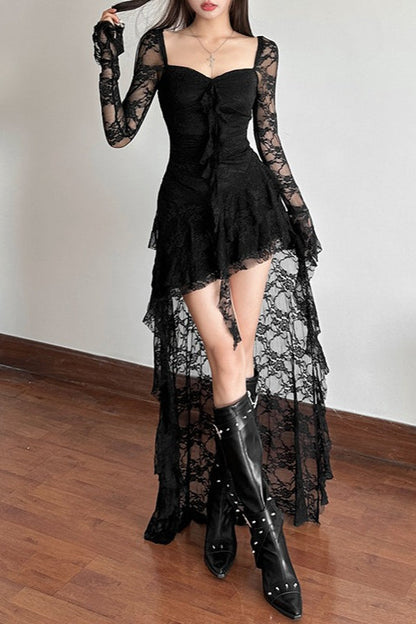 Long Sleeve Irregular Hem Lace Dress