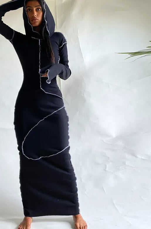 Patchwork Hoodie Slit Midi Dress