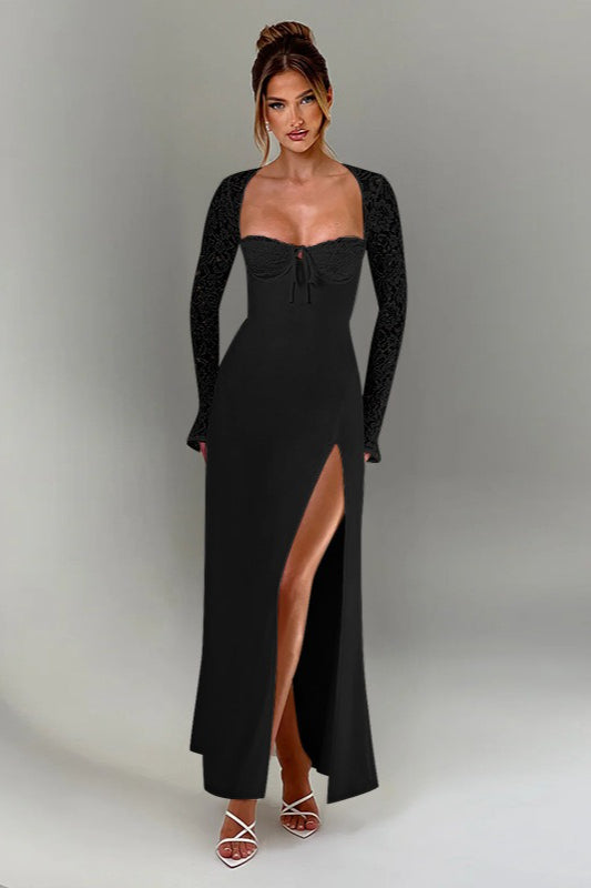 Plunge Neckline Lace Slit Party Dress