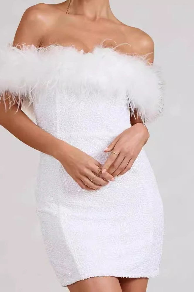 Strapless Feather Sequin Bodycon Chic Cocktail Dress