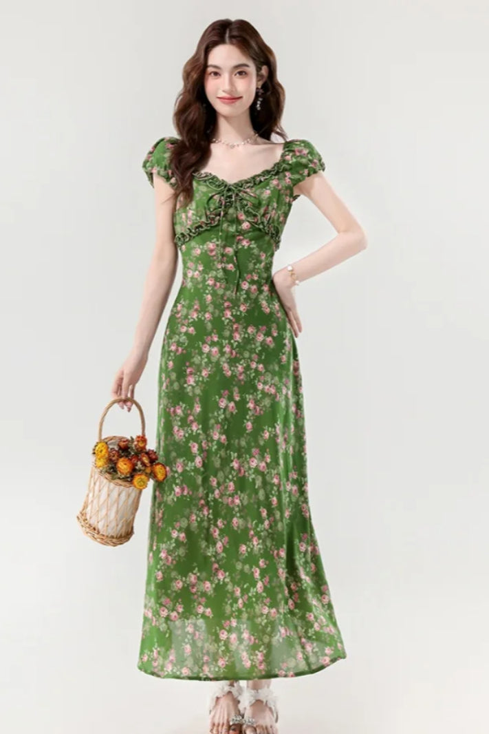 Retro Slim Green V-Neck Floral Dress