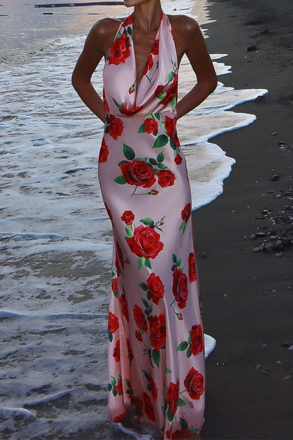 Printed Halter Backless Sexy Maxi Silk Dress