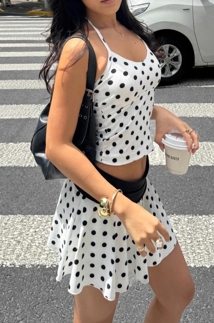 Halter Polka Dot Crop Skirt Two Pieces Set