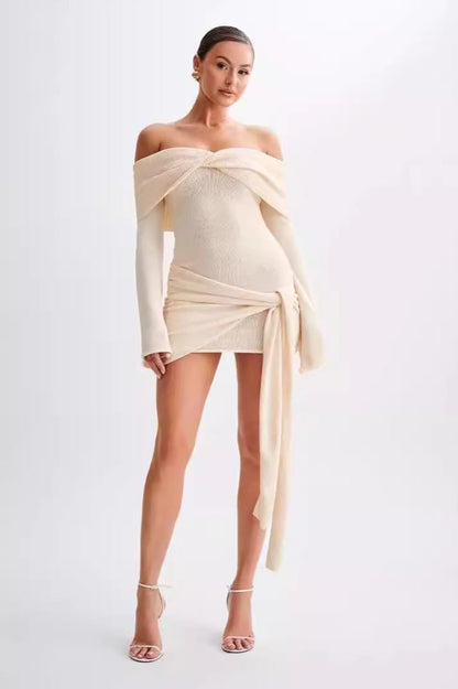 Sheer Spaghetti Strap Off-Shoulder Fitted Knit Maxi Sweater Dress