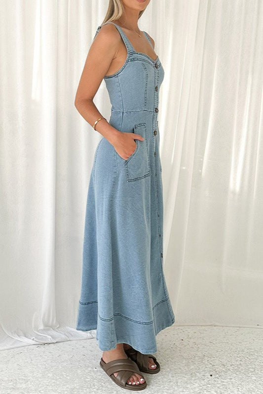 Strappy Backless Maxi Denim Dress