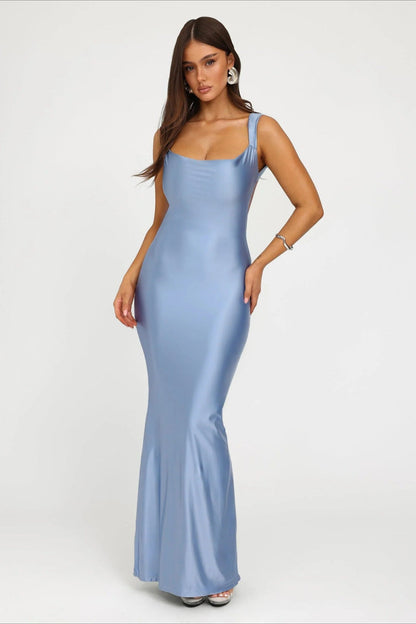 Back Tie Sexy Bodycon Midi Gown Silk Dress