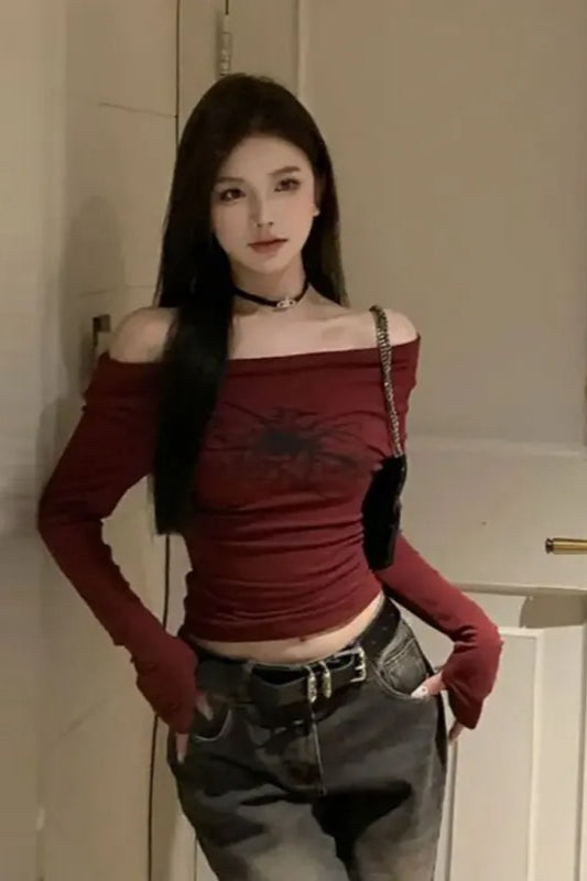 Y2K Off Shoulder Gothic T-Shirt