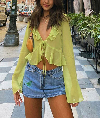 Bell Long Sleeve V Neck Lace Mesh Sheer Top