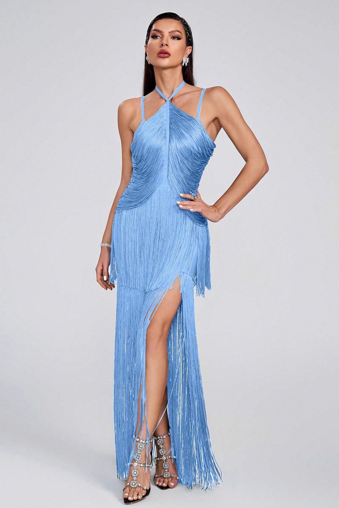 Sexy Halter Sling Maxi Fringe Hem Cocktail Dress