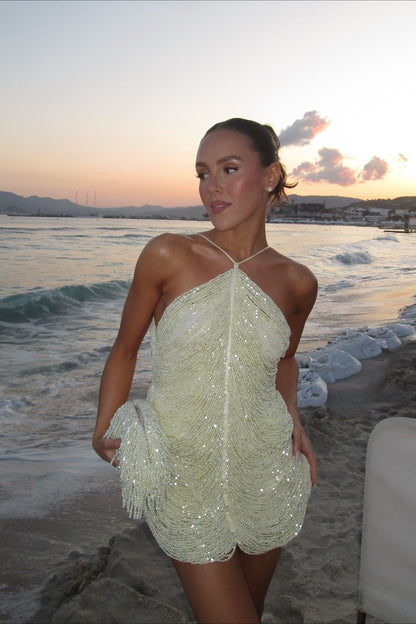 Fringe Halter Sequin Slip Dress
