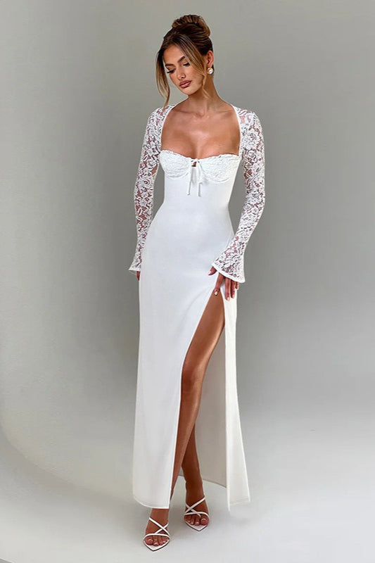 Plunge Neckline Lace Slit Party Dress