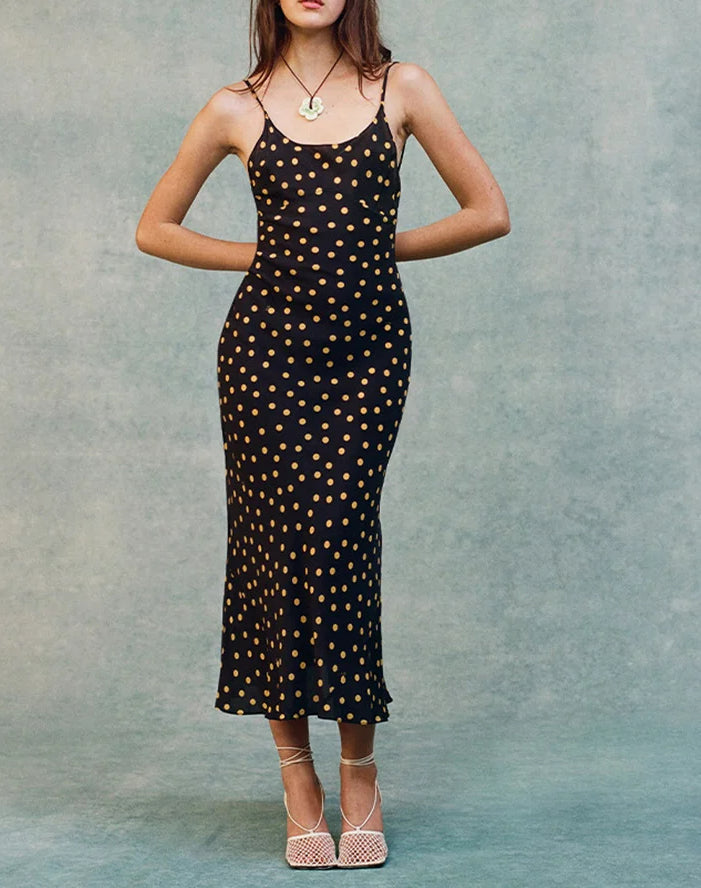 Dot Print Spaghetti Midi Dress