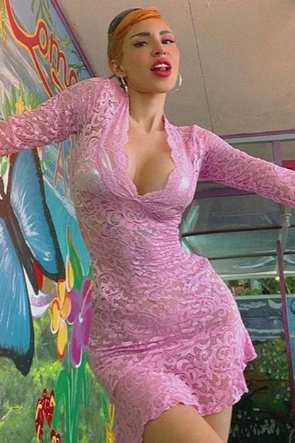 V Neck Bell Sleeve Sheer Lace Dress