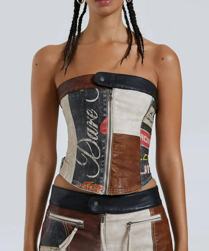 PU Patchwork Zip Button Strapless