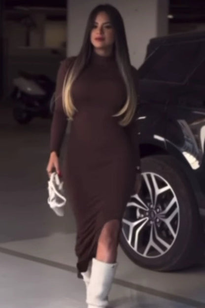 Elegant Stand Collar Long-Sleeve Work Dress