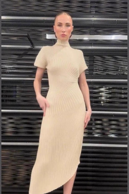 Solid Ribbed Pleated Slit Slim Sexy Elegant Sweater Dress