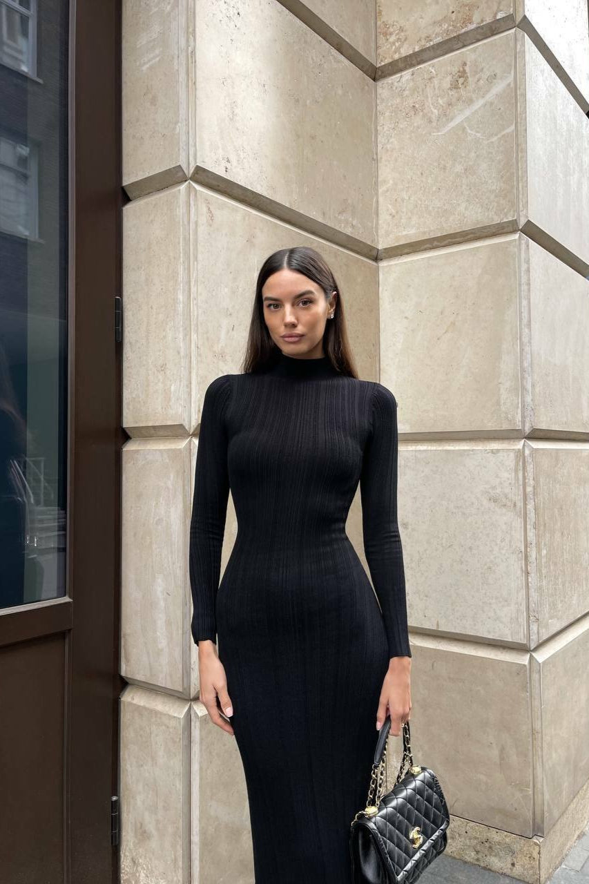 Turtleneck Striped Knit Slim-Fit Long Sleeve Sweater Dress