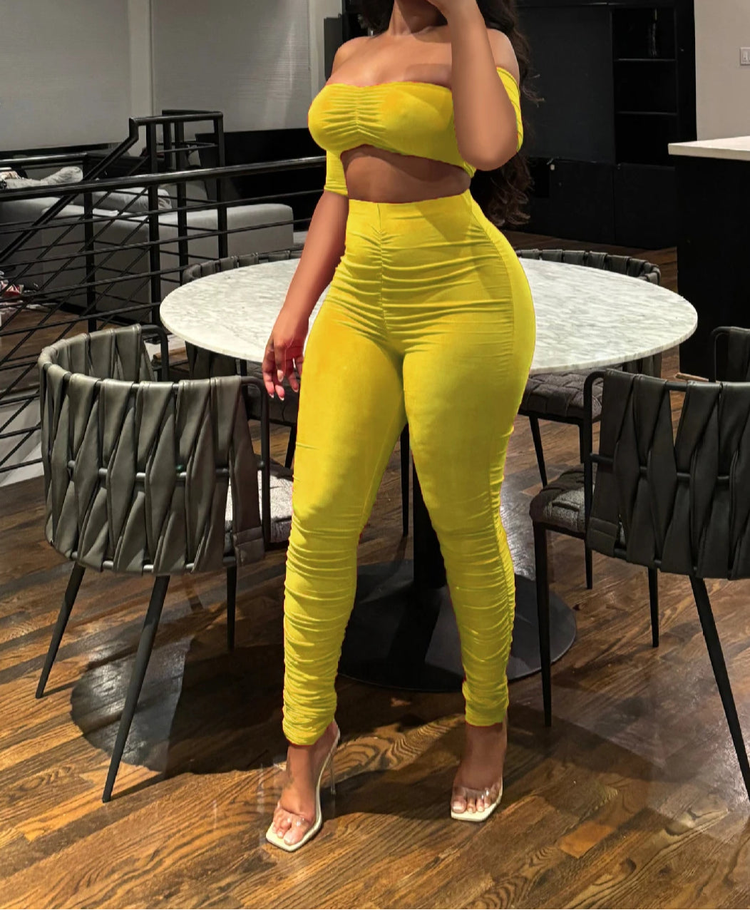 Ruched Off Shoulder Two Piece Pants Set