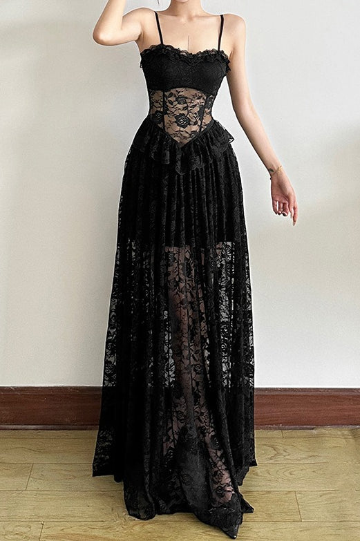 Sleeveless Ruffled Waist Maxi Lace Dress