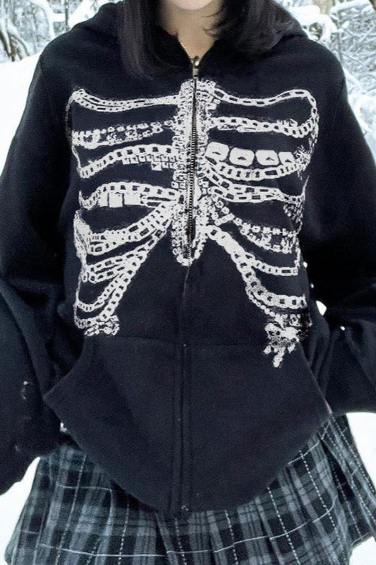 Street Style Skeleton Print Zipper Hoodie