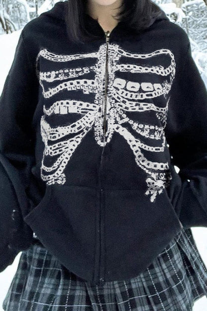 Street Style Skeleton Print Zipper Hoodie