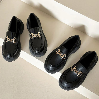 Black Patent Leather Platform Fashion Tassel British Middle Heels Flats Loafers