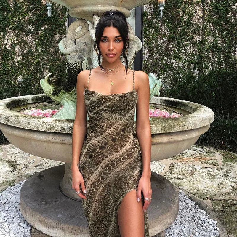 Snake Print Slit Sheer Midi Dress